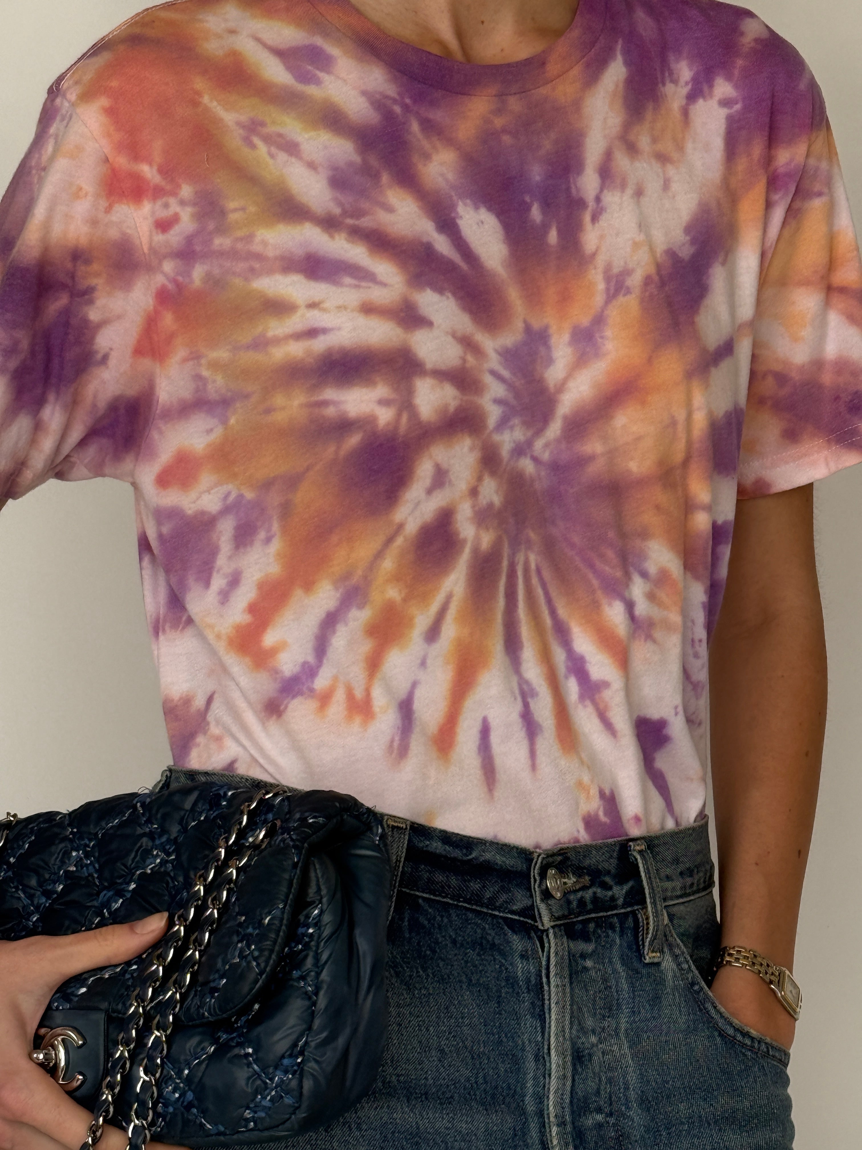 Vintage tie-dye short sleeve cotton tee in purple peach and cream close-up