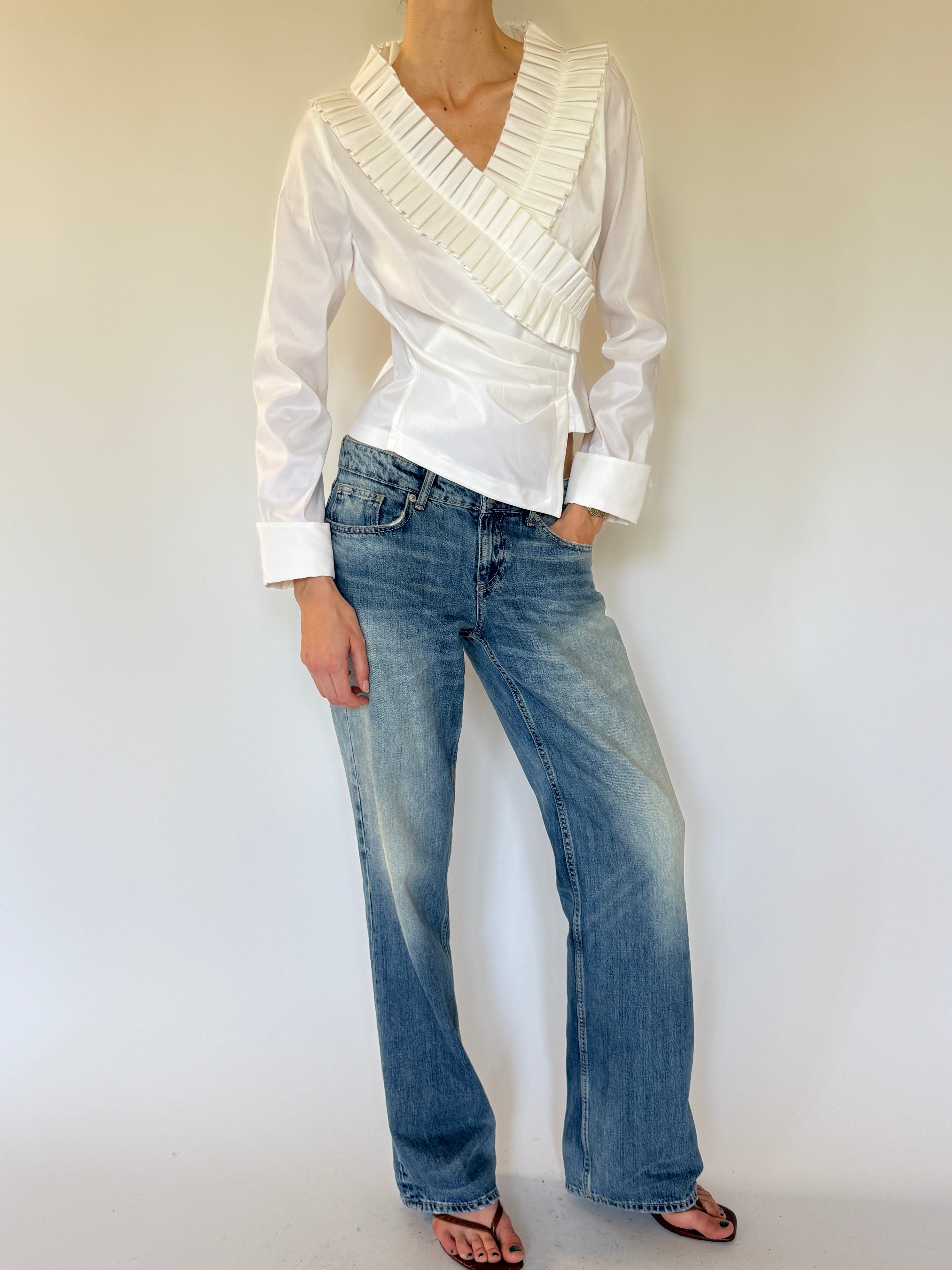 Vintage white pleated ruffle blouse side view