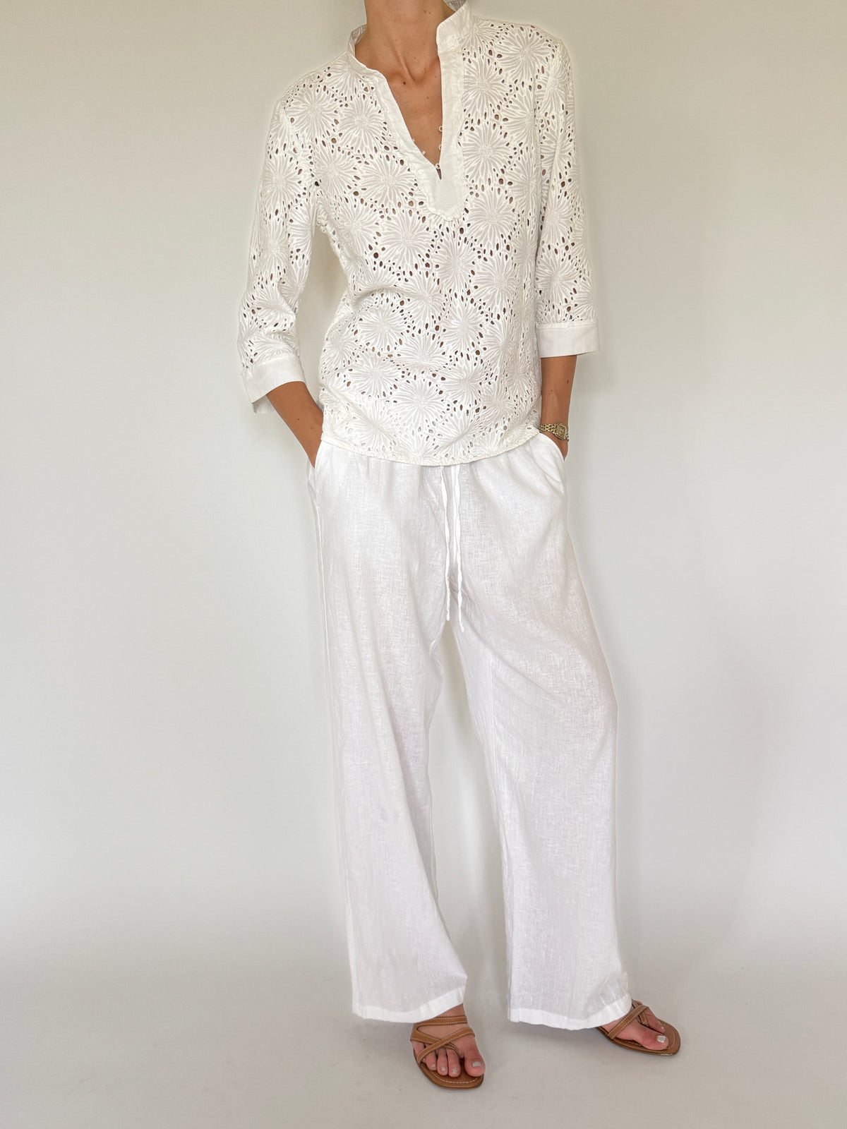 Vintage Floral Eyelet Cotton Blouse White 7612
