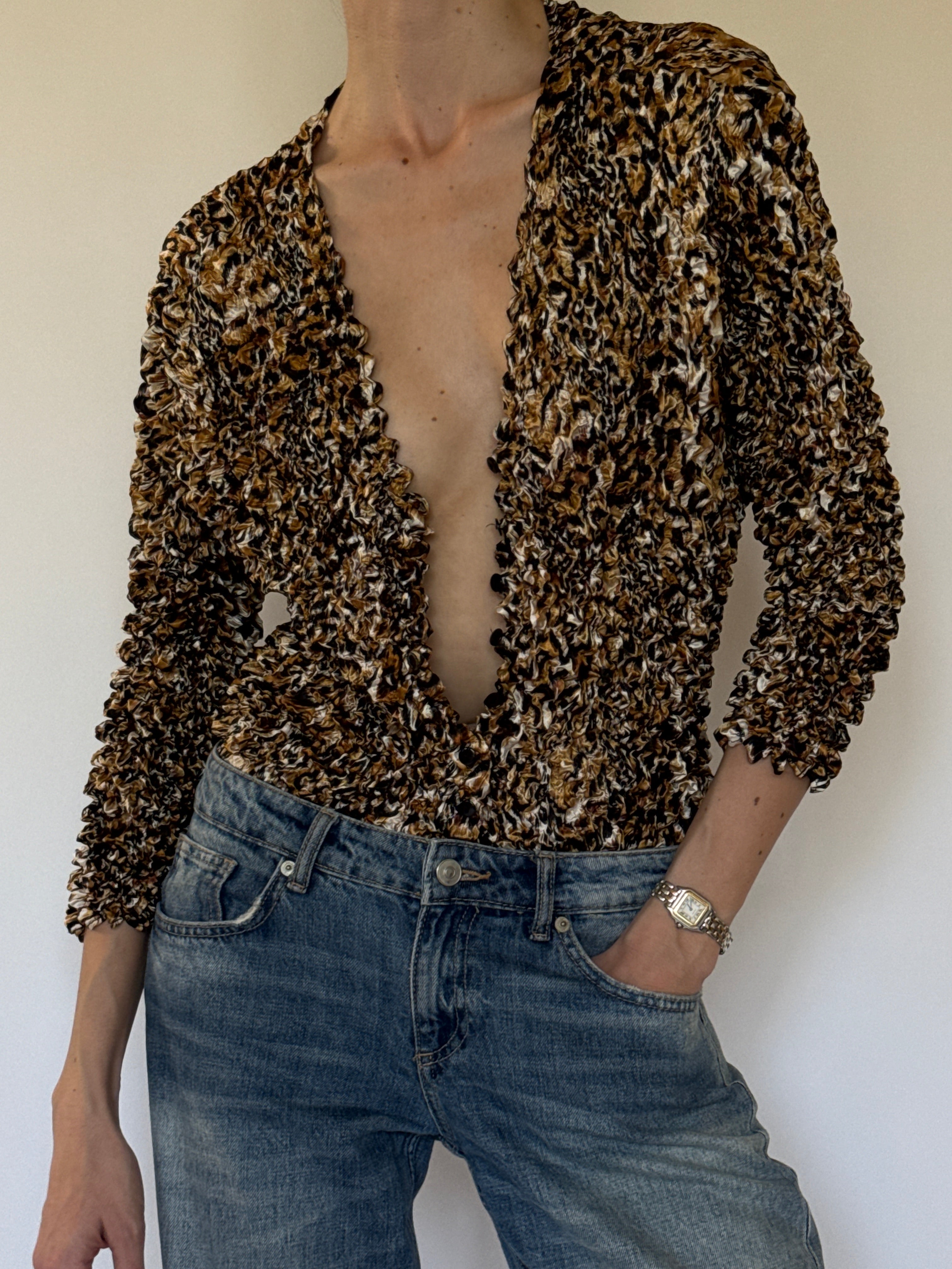 Vintage textured popcorn cardigan front view in brown multicolor