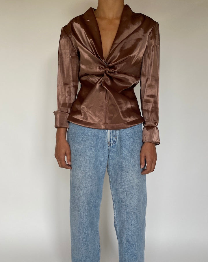 VINTAGE LONG SLEEVE BROWN SHINY TOP 1745