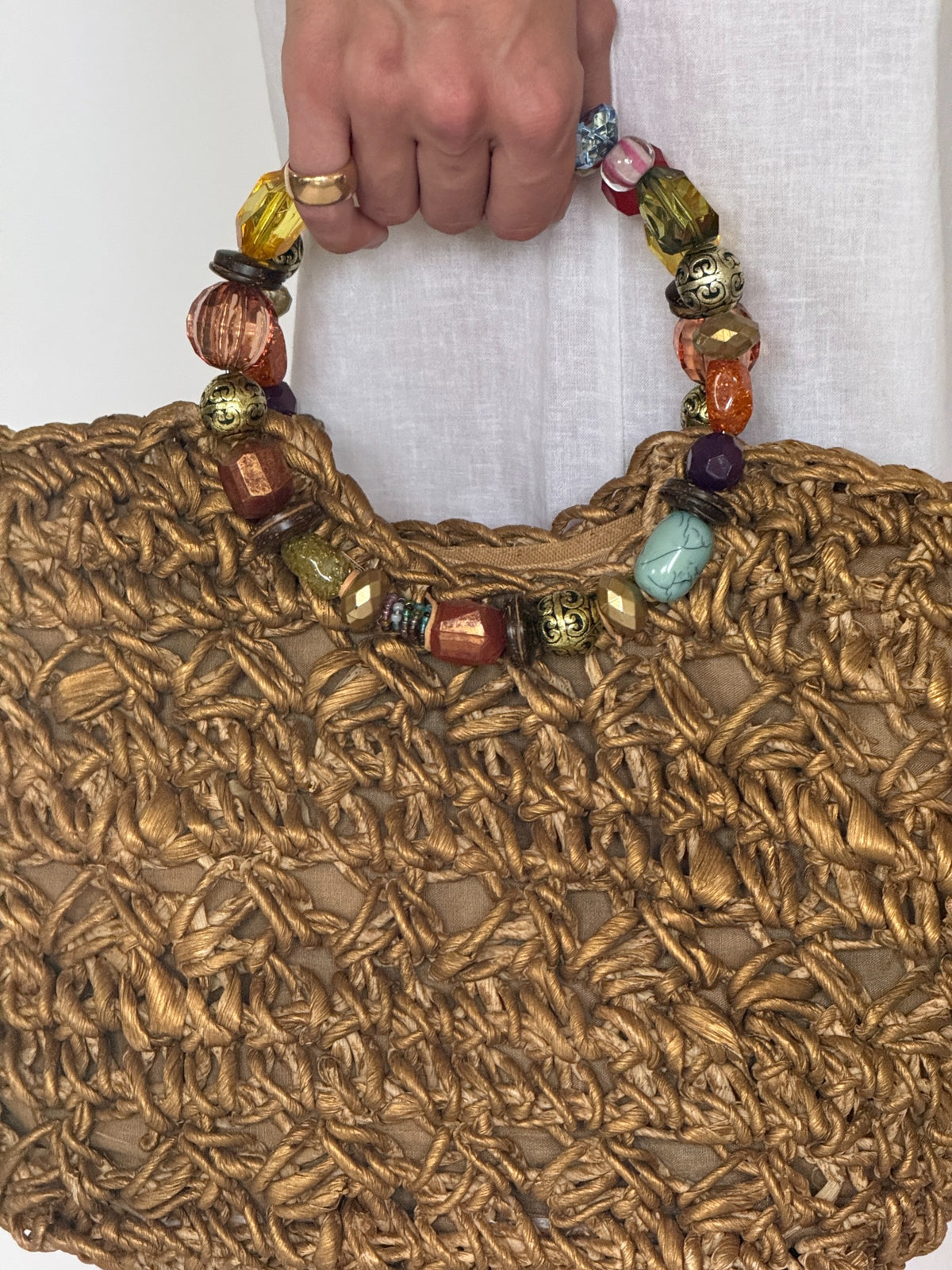 Vintage gold woven handbag with multicolored beaded handles