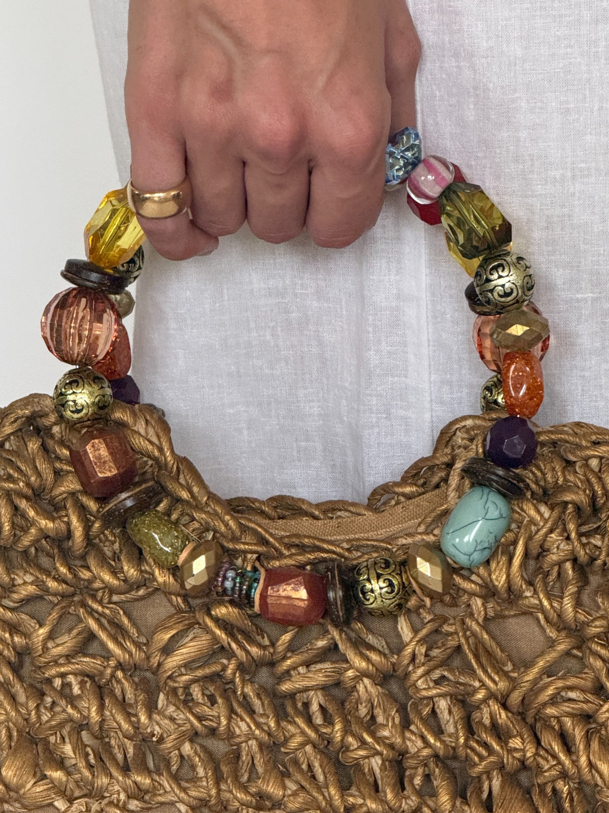 Vintage gold woven handbag with multicolored beaded handles