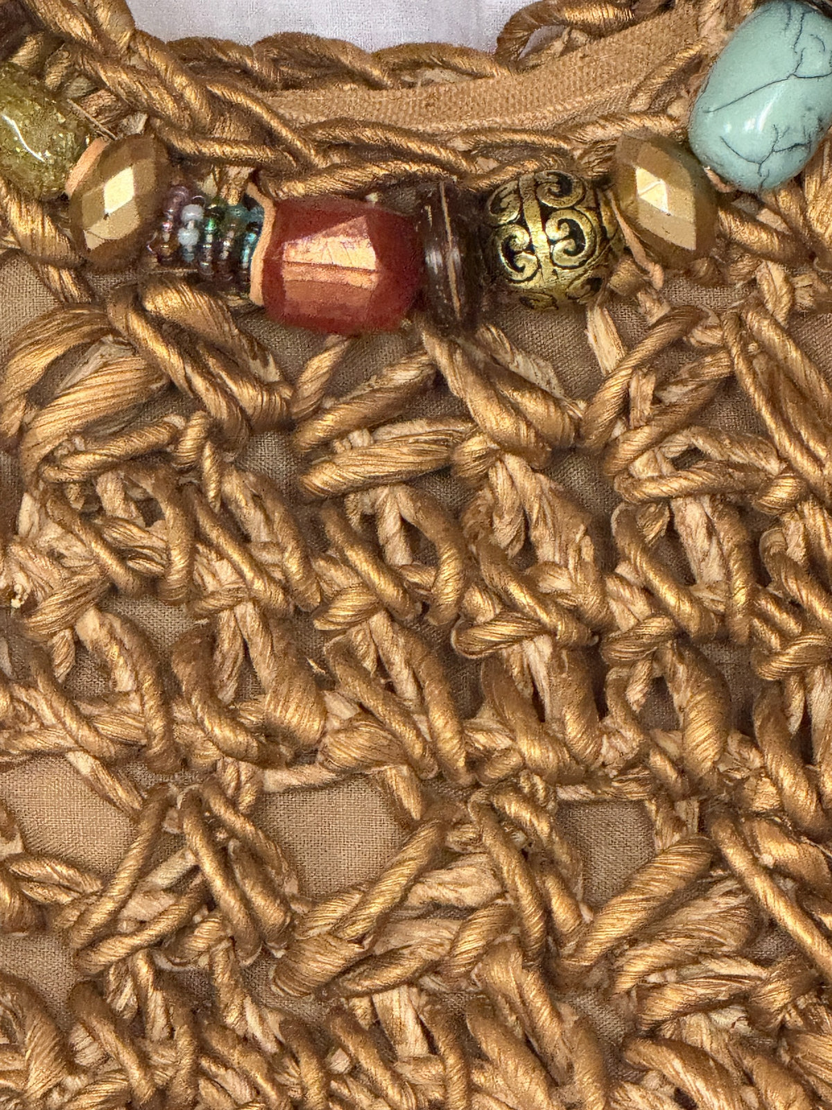 Vintage gold woven handbag with multicolored beaded handles