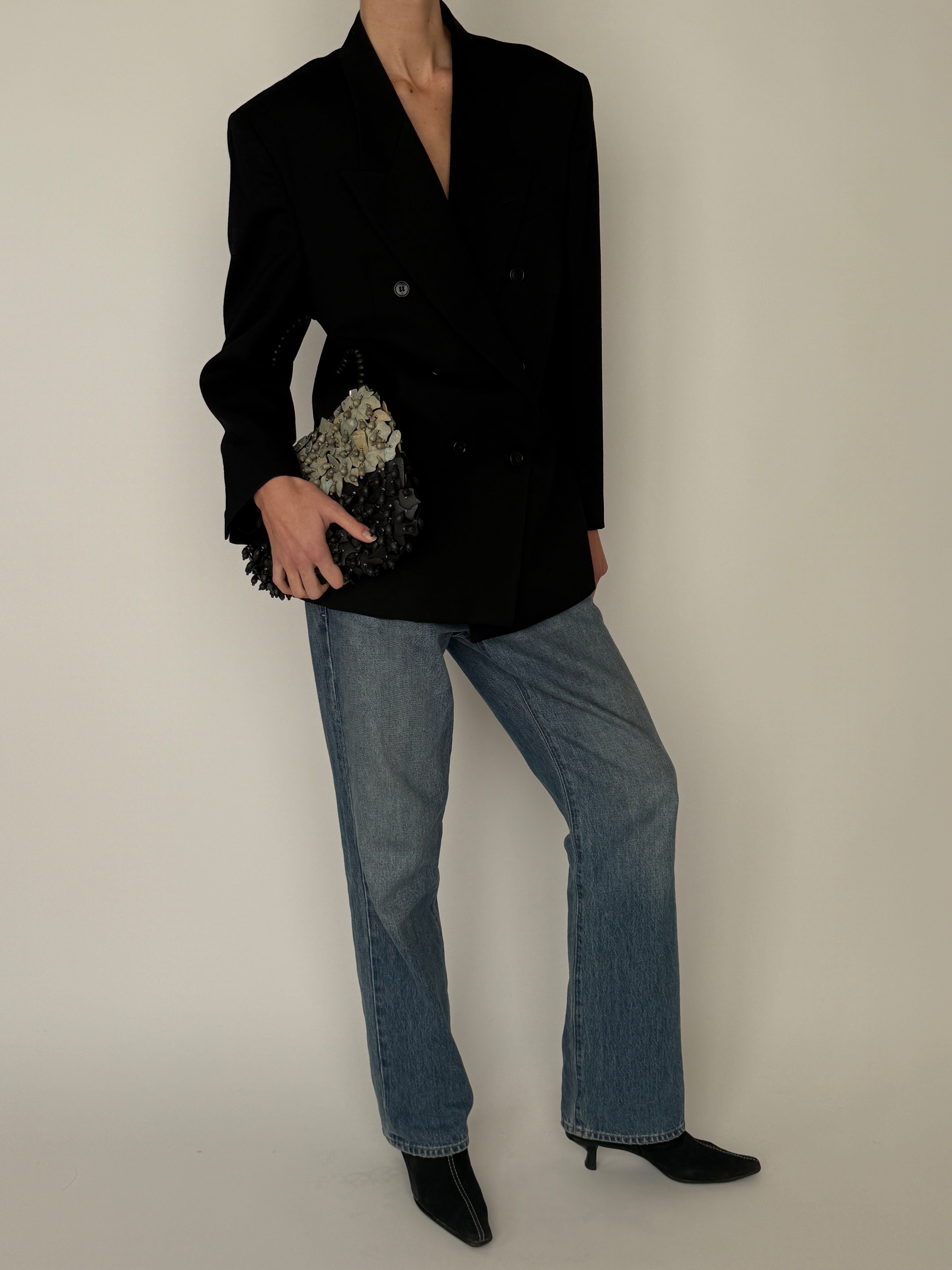 Vintage black double breasted blazer front view
