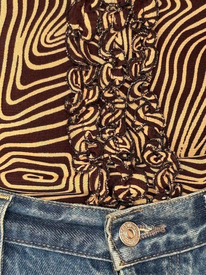 Vintage Brown Patterned Short-Sleeve Top 4078