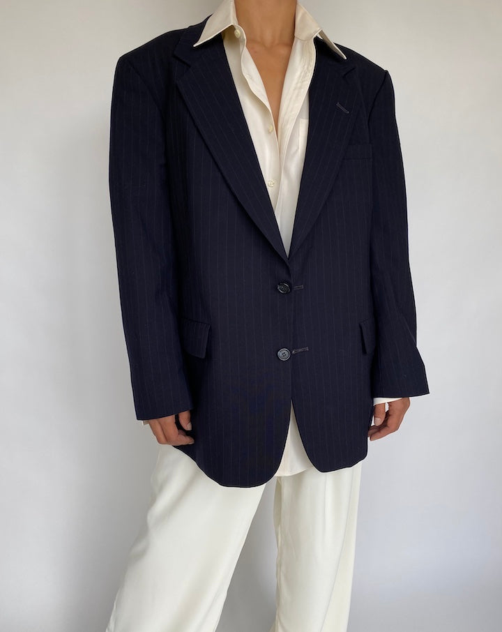 VINTAGE DARK NAVY PINSTRIPED WOOL BLAZER 744