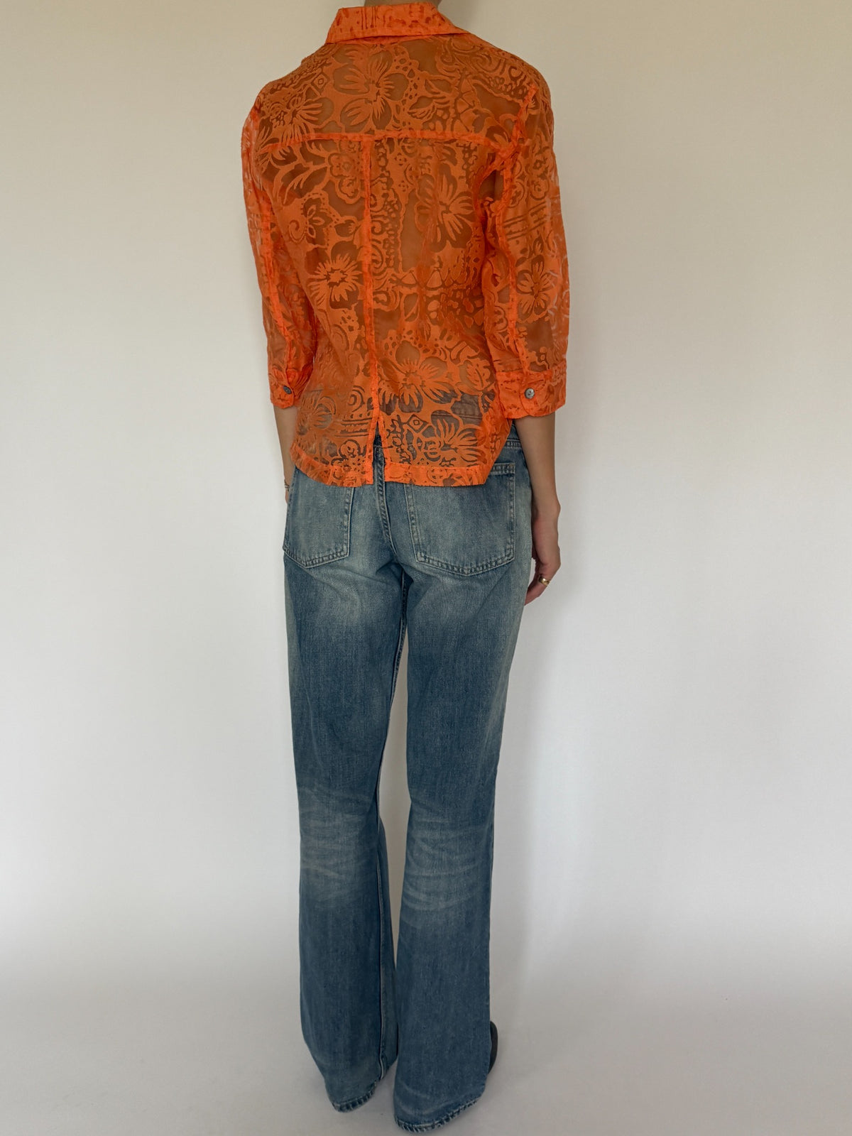 Vintage orange sheer floral burnout blouse