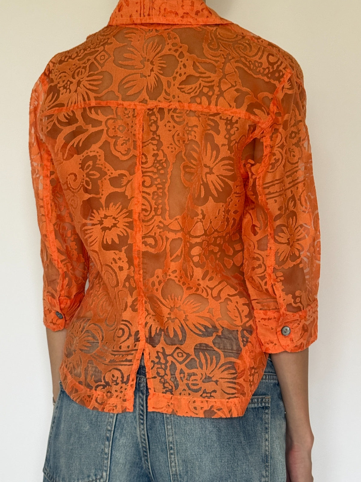 Vintage orange sheer floral burnout blouse