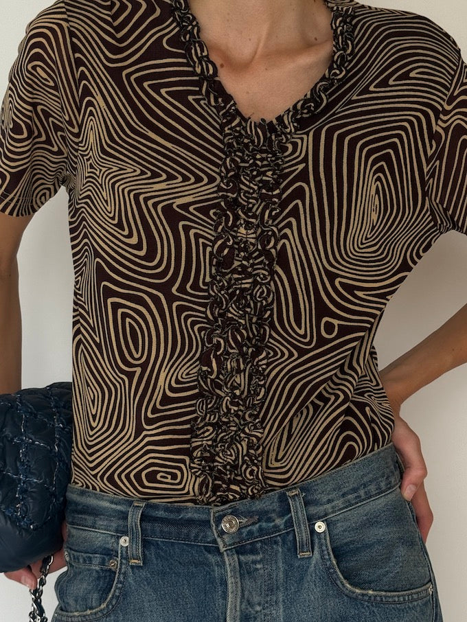 Vintage Brown Patterned Short-Sleeve Top 4078