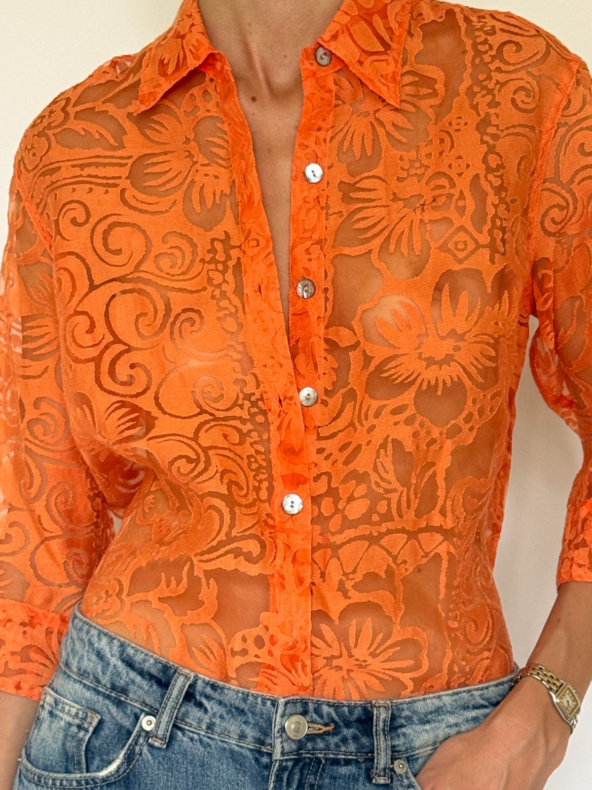 Vintage orange sheer floral burnout blouse