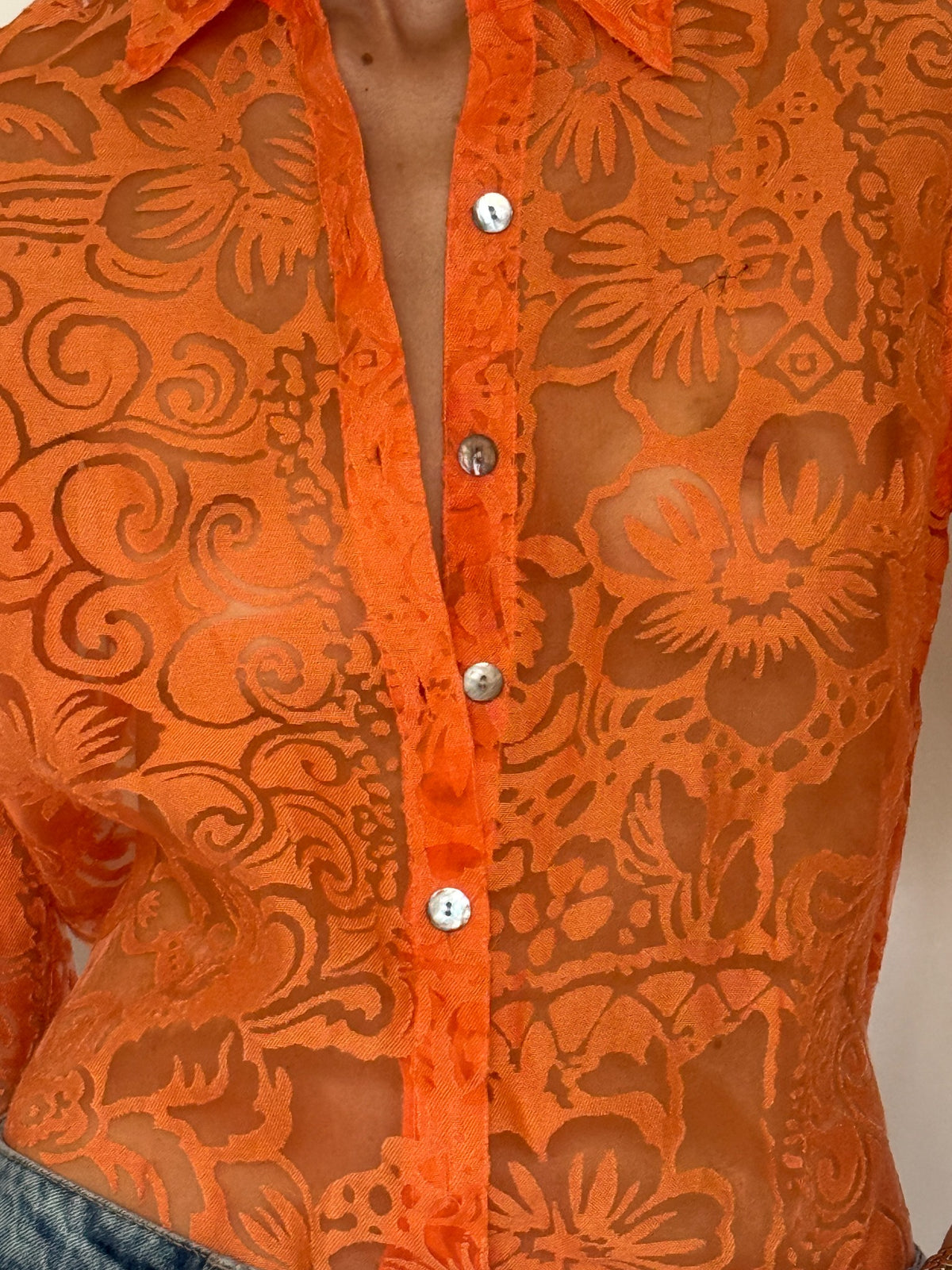 Vintage orange sheer floral burnout blouse