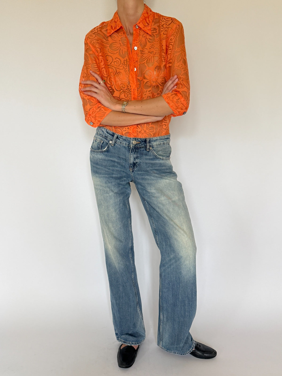 Vintage orange sheer floral burnout blouse