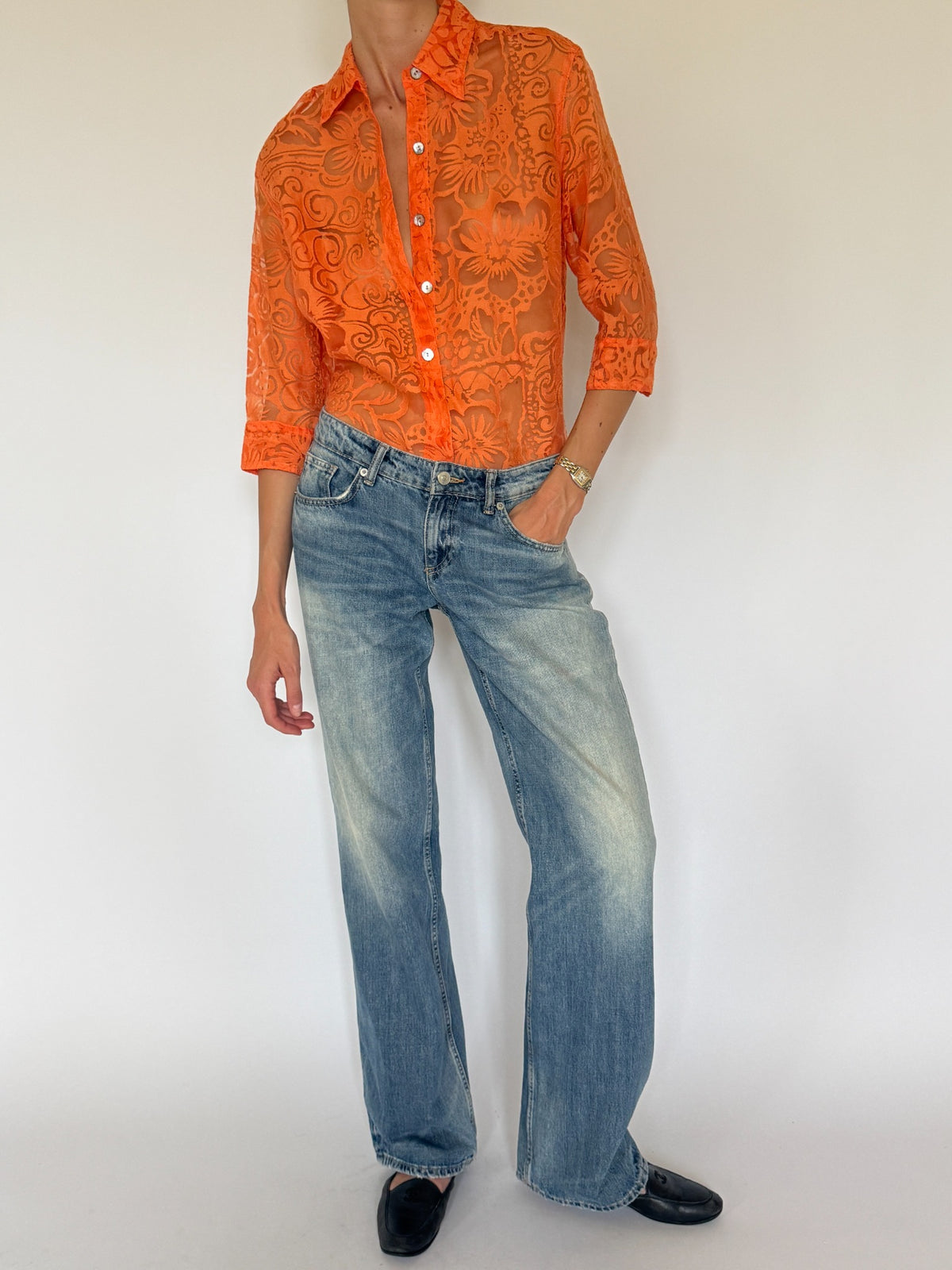 Vintage orange sheer floral burnout blouse