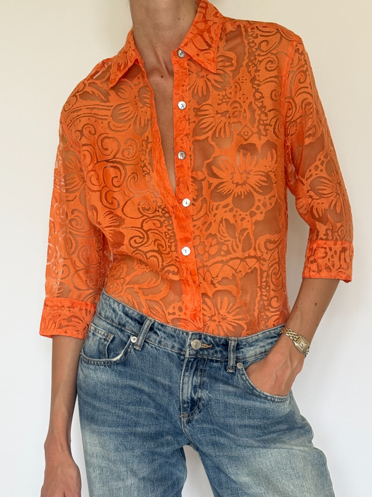 Vintage orange sheer floral burnout blouse
