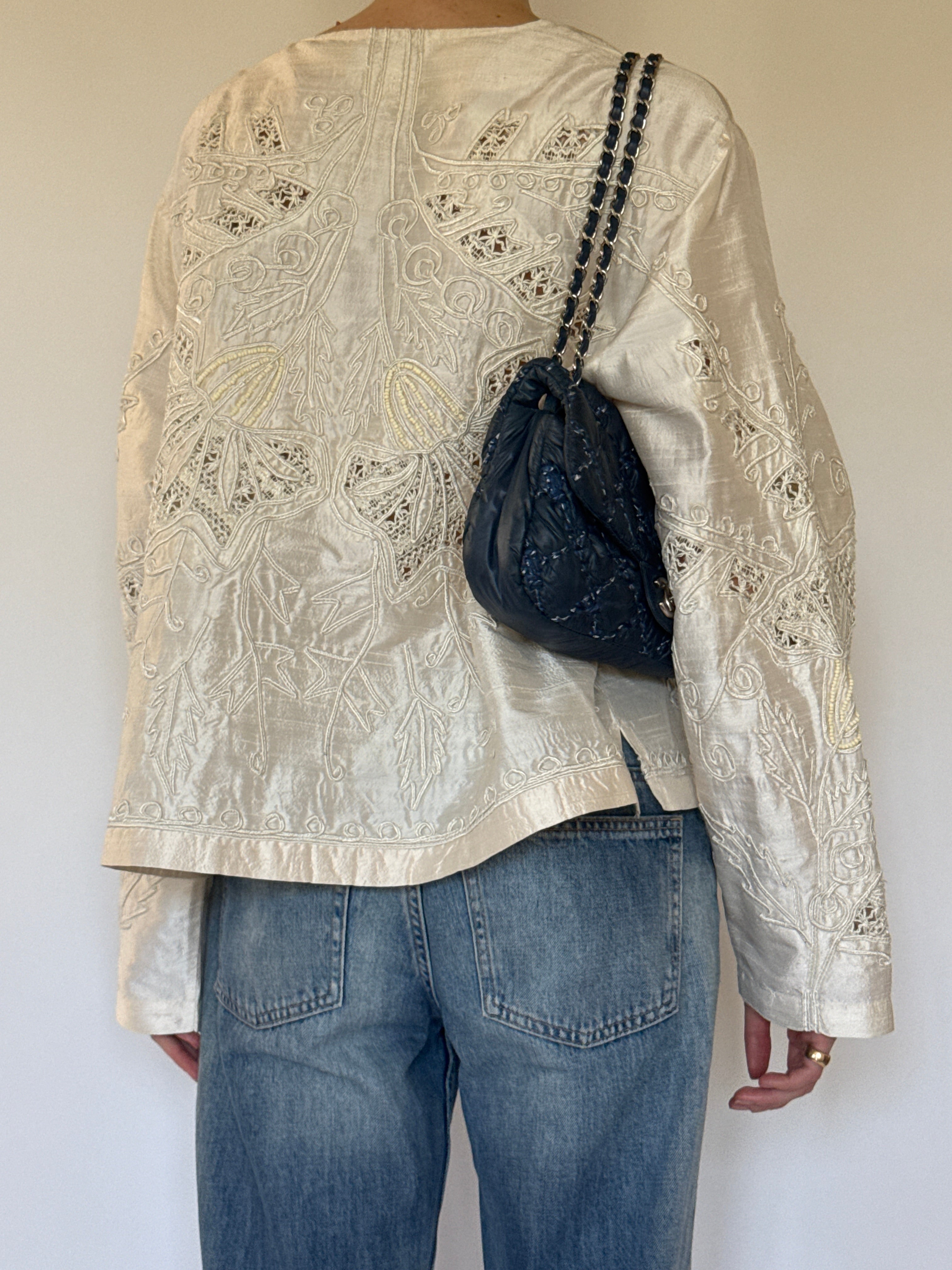 Vintage embroidered silk jacket ivory back view