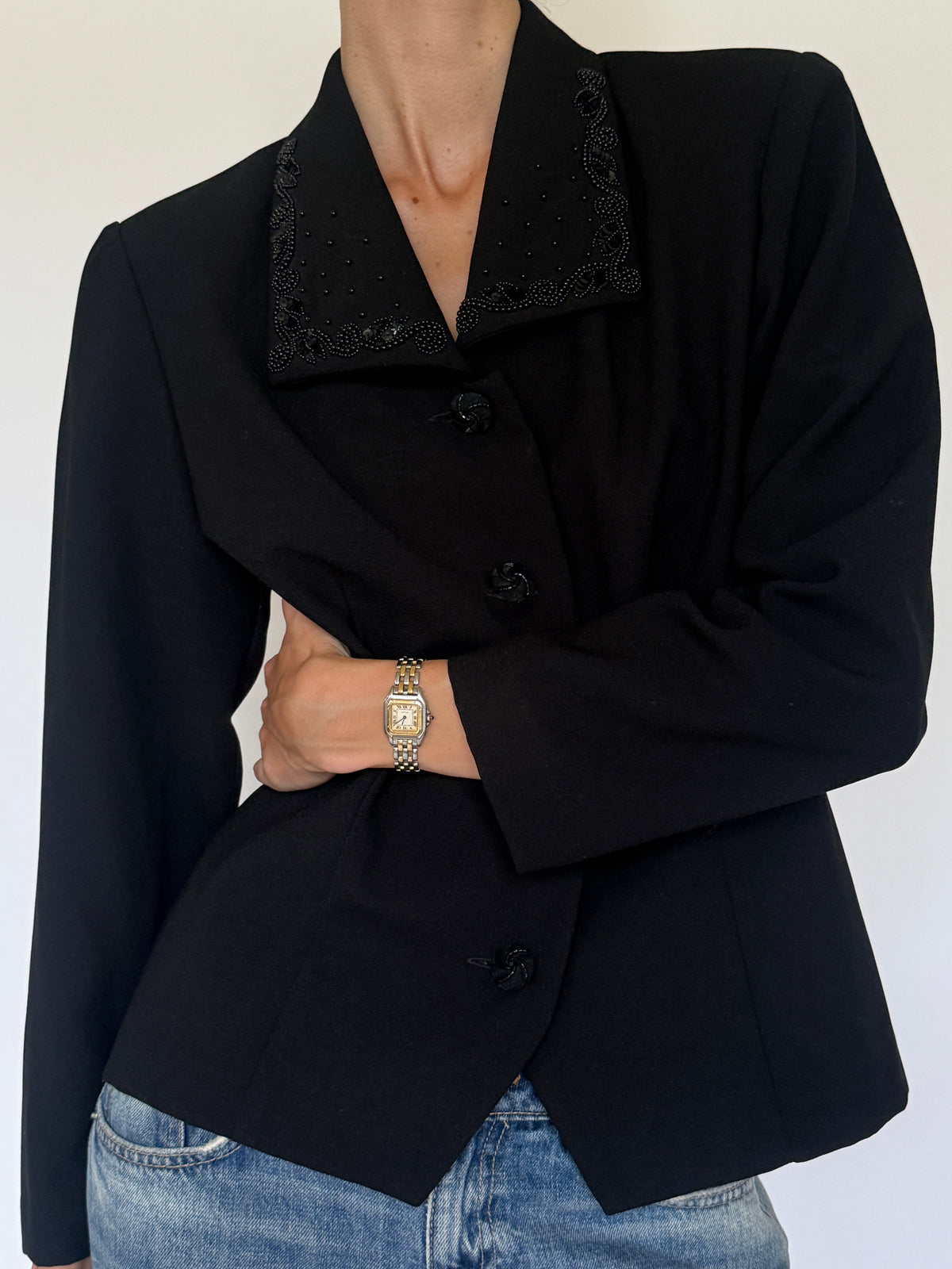 Vintage black beaded collar blazer front view