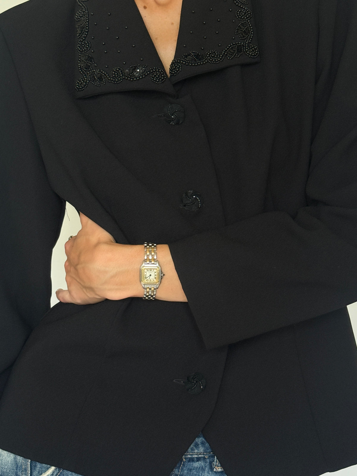 Vintage black blazer tonal beadwork close-up