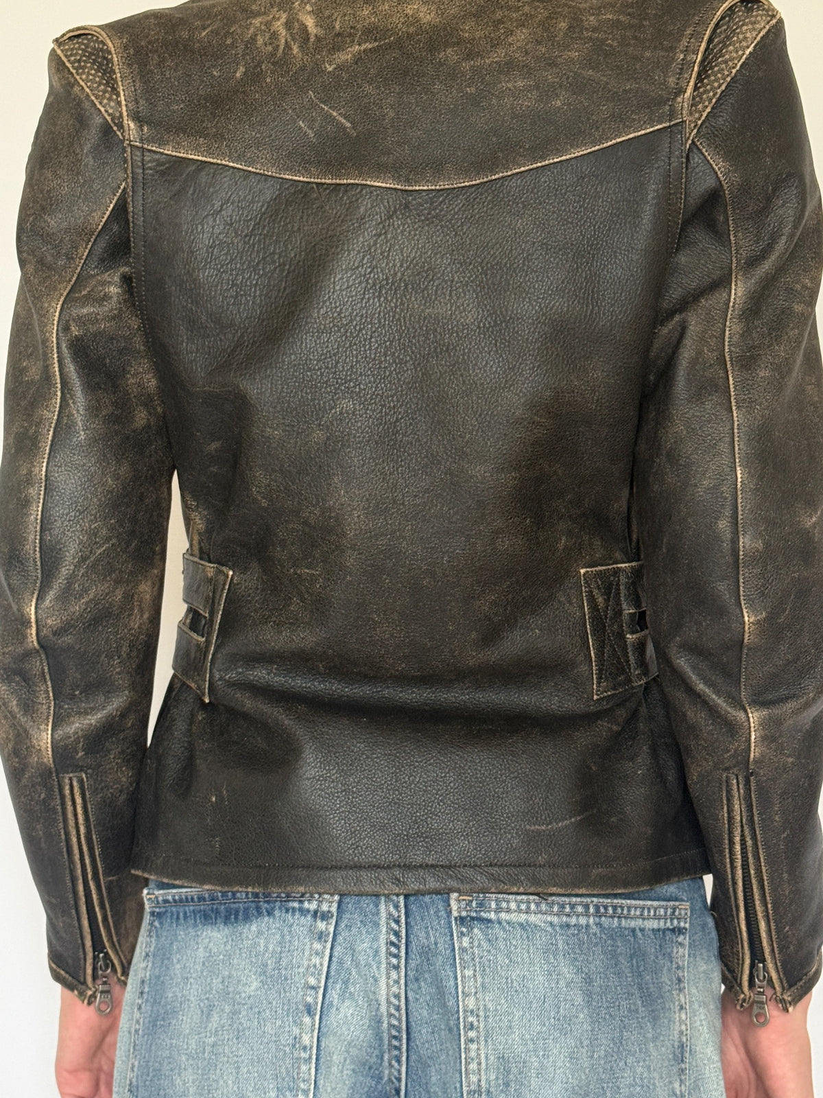 Vintage distressed leather moto jacket back view