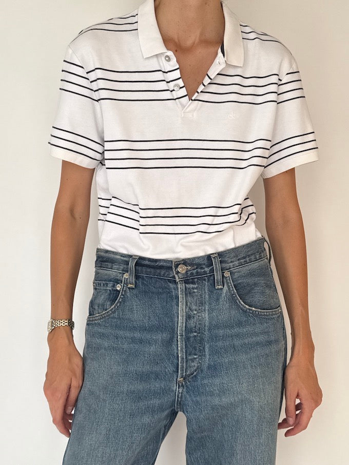 Vintage Calvin Klein Polo Shirt in White Stripe 5926