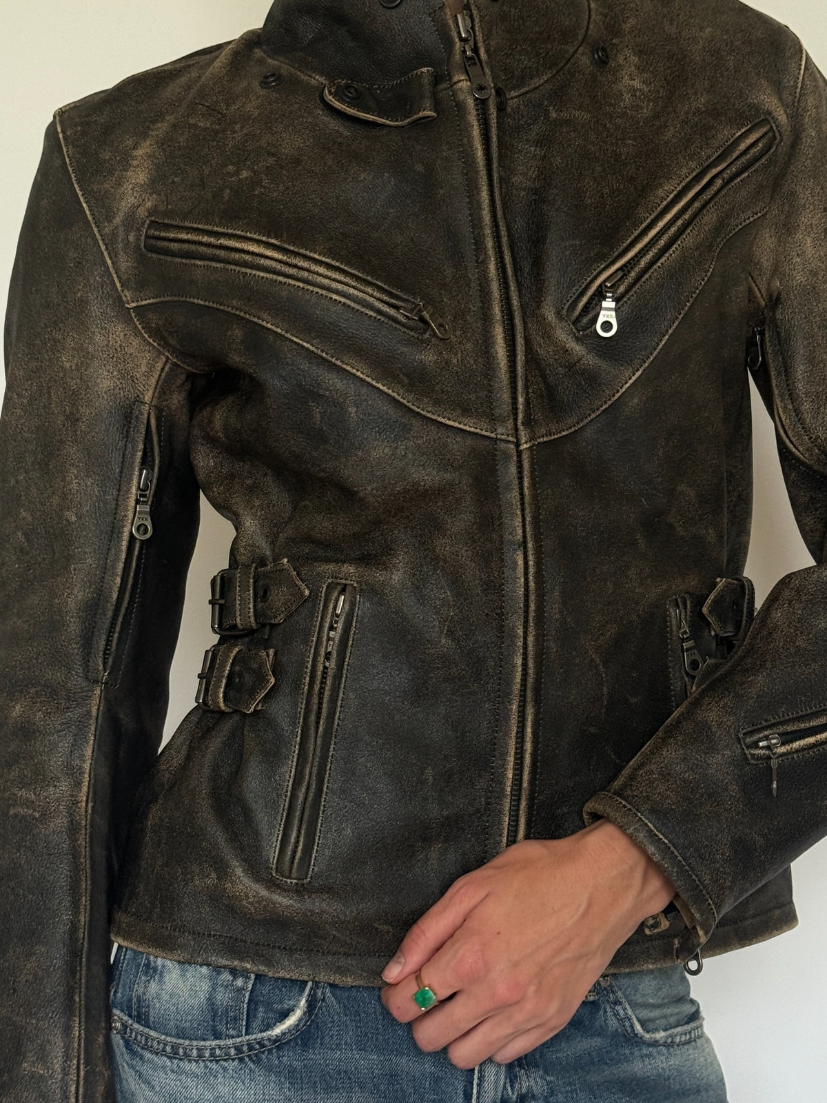 Vintage distressed leather moto jacket final angle