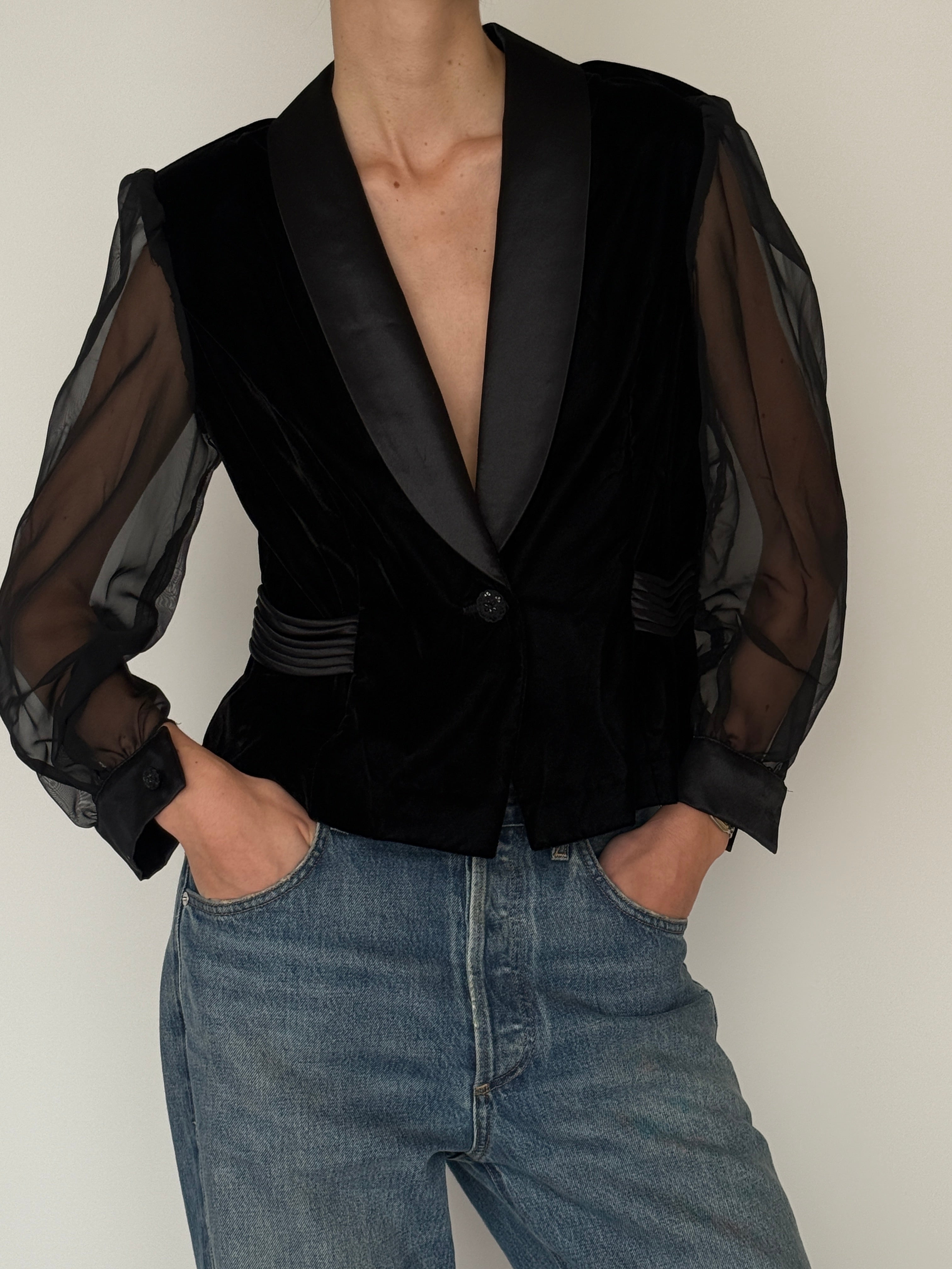 Vintage black velvet sheer sleeve top front view