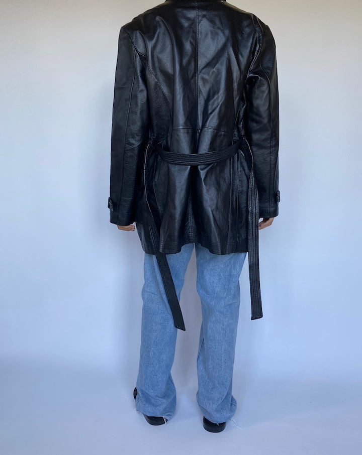 VINTAGE BLACK LEATHER TRENCH JACKET 3067