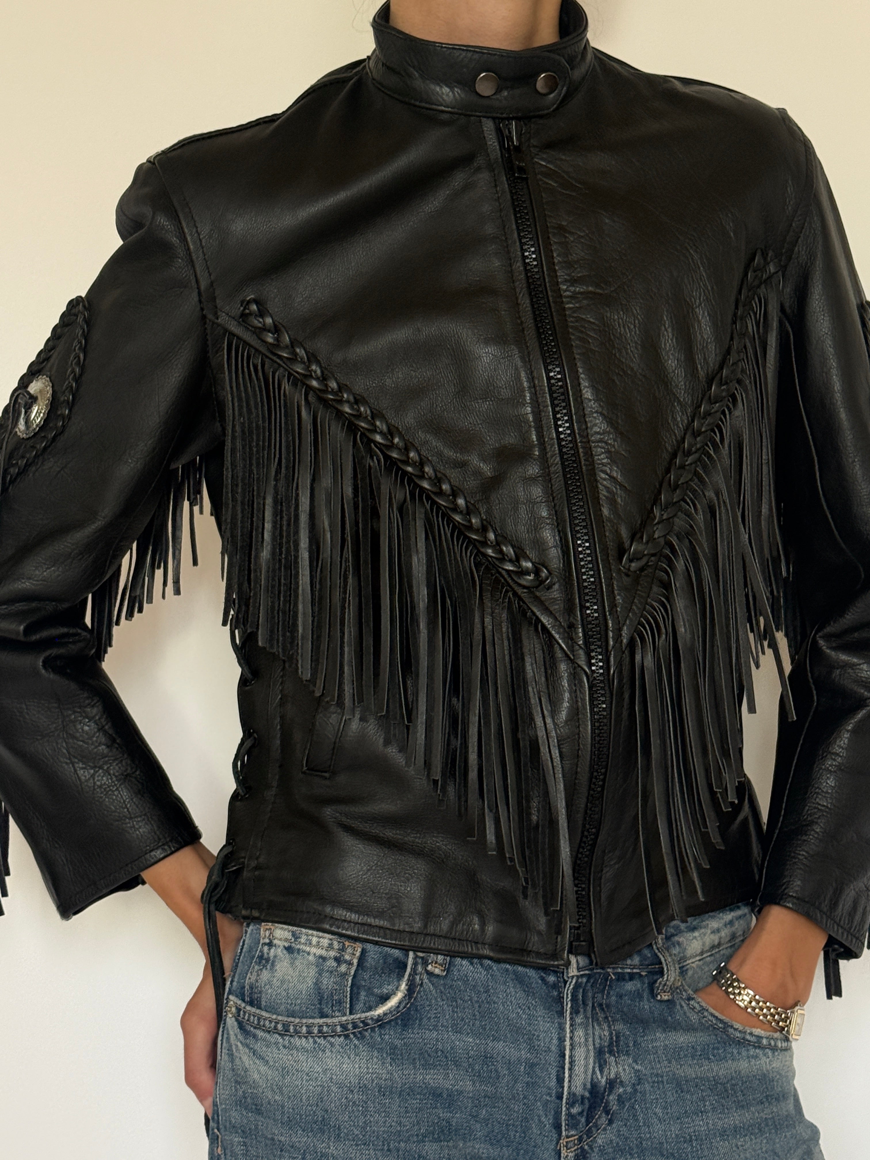 Vintage structured Western fringe motorcycle leather jacket front view
