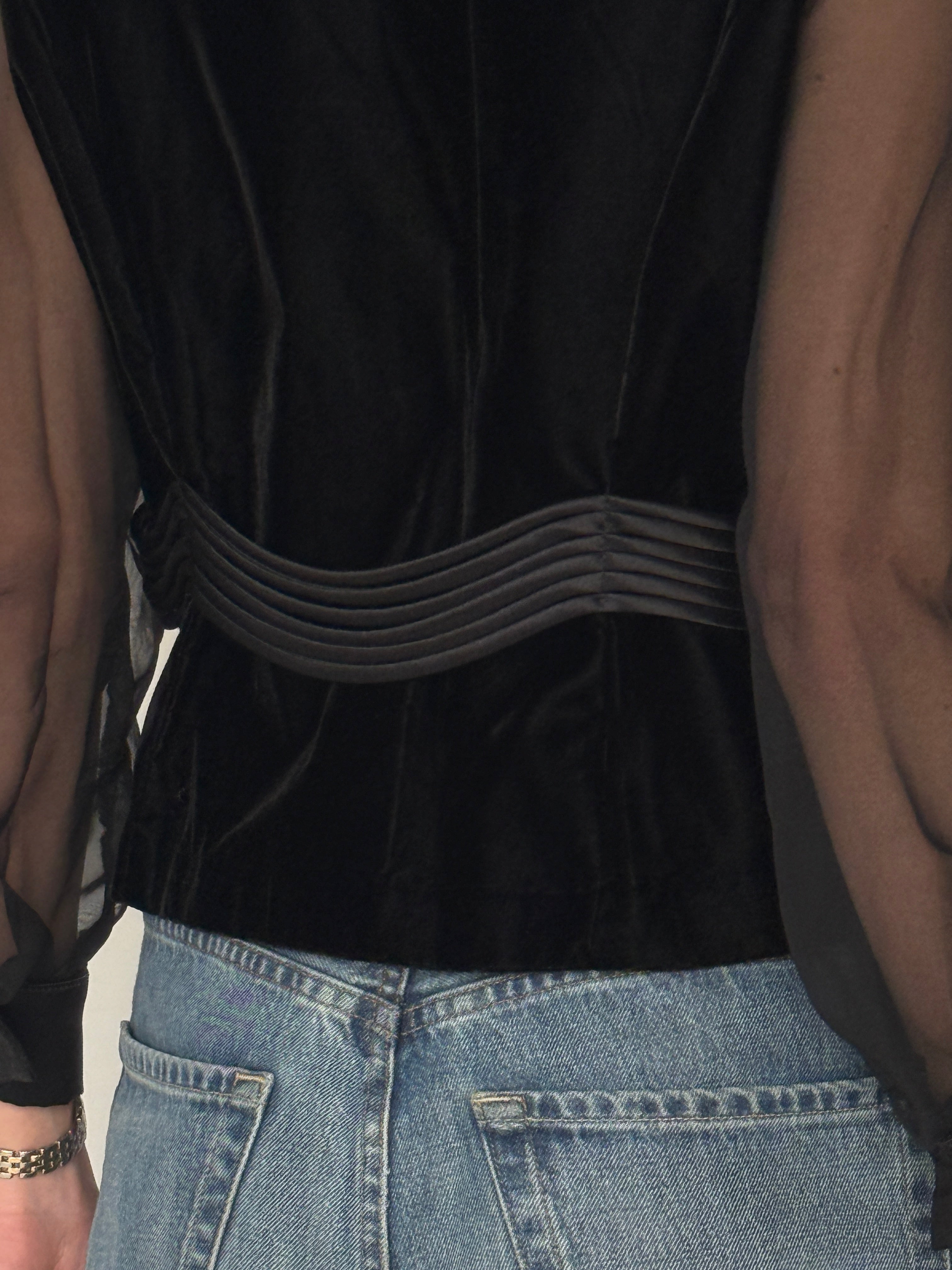 Vintage black velvet sheer sleeve top back view