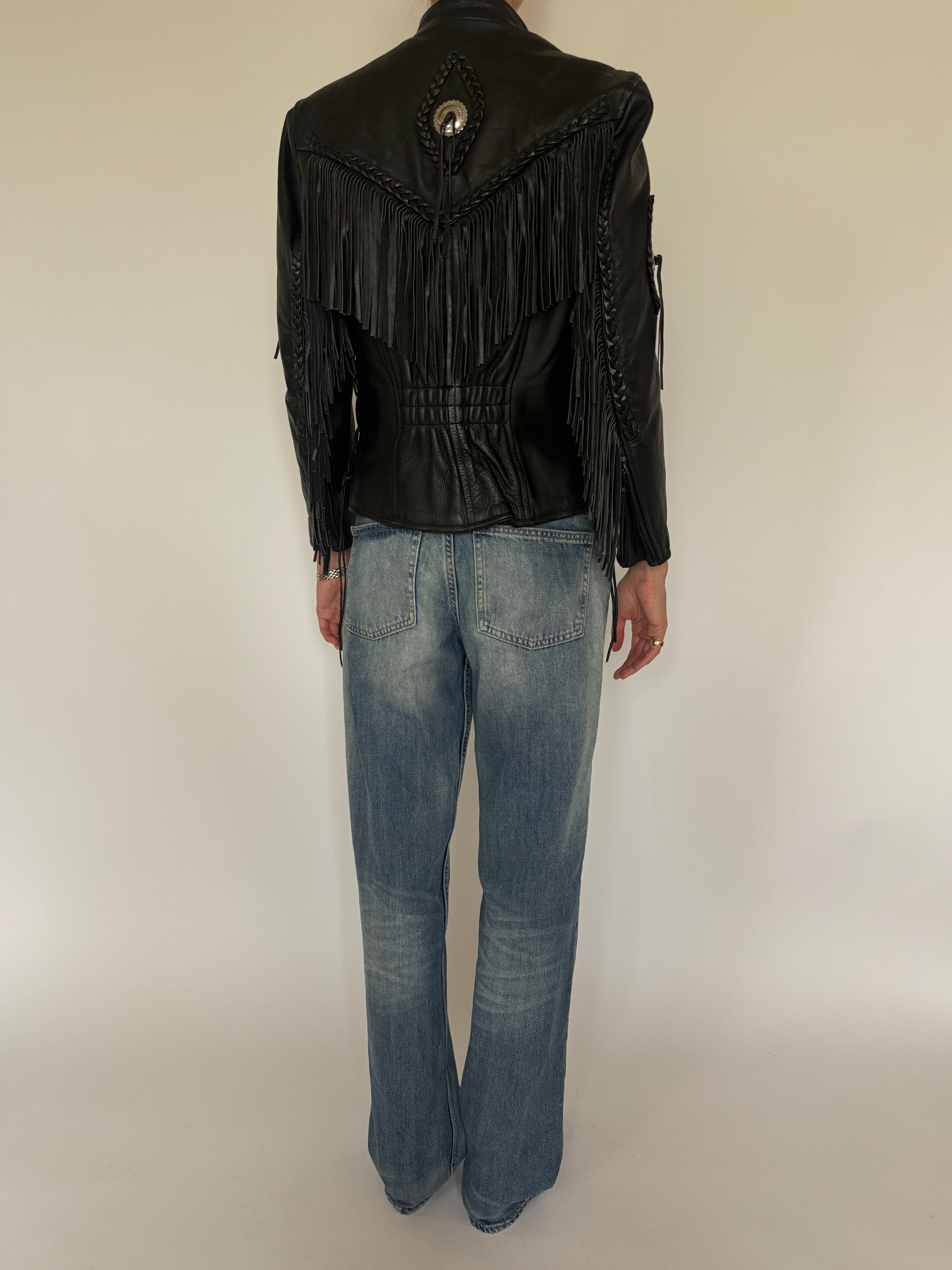 Vintage structured Western fringe motorcycle leather jacket back view