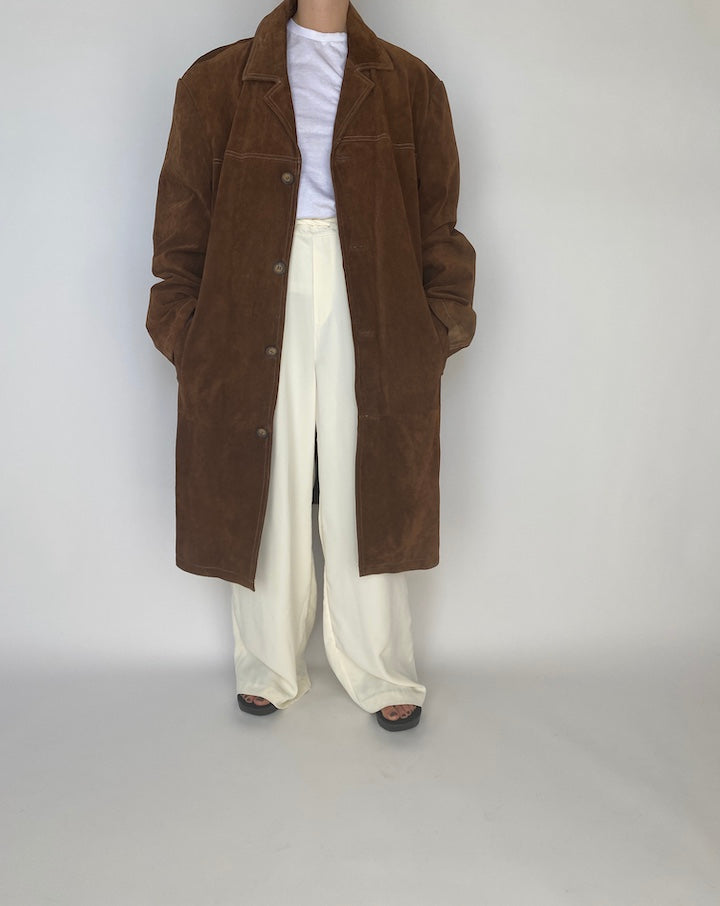 VINTAGE OVERSIZED BROWN LONG SUEDE LEATHER COAT 1124