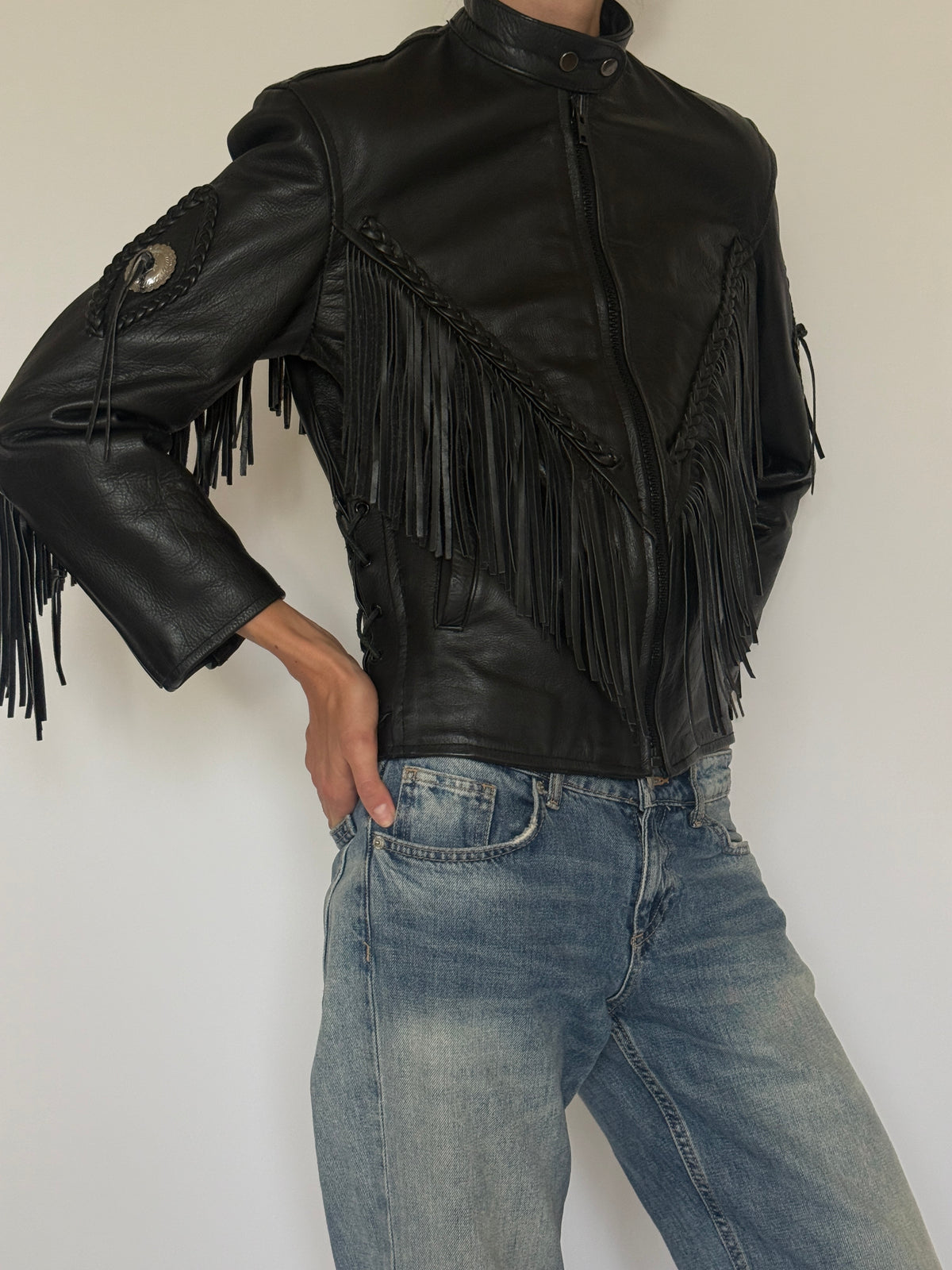 Vintage structured Western fringe motorcycle leather jacket front view