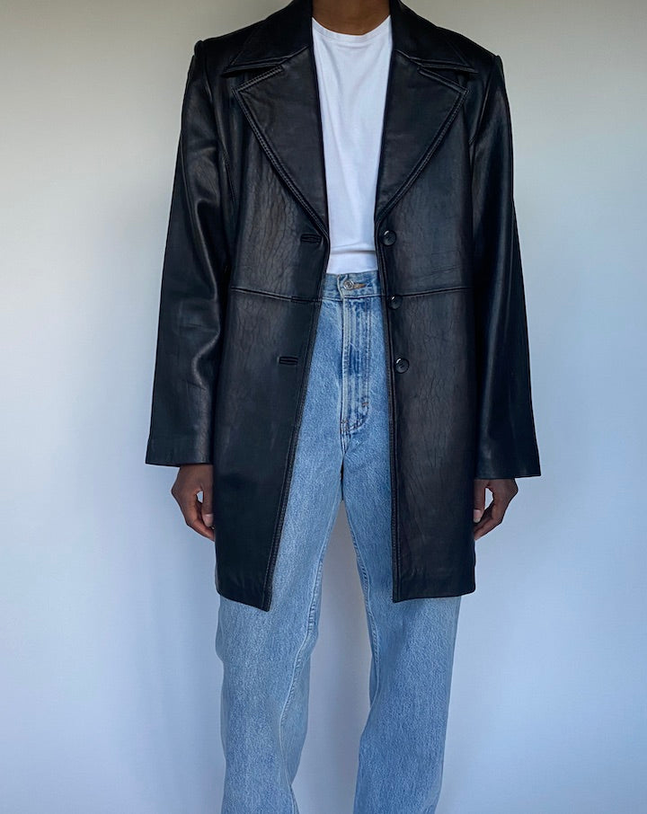 VINTAGE BLACK LEATHER COAT 3491