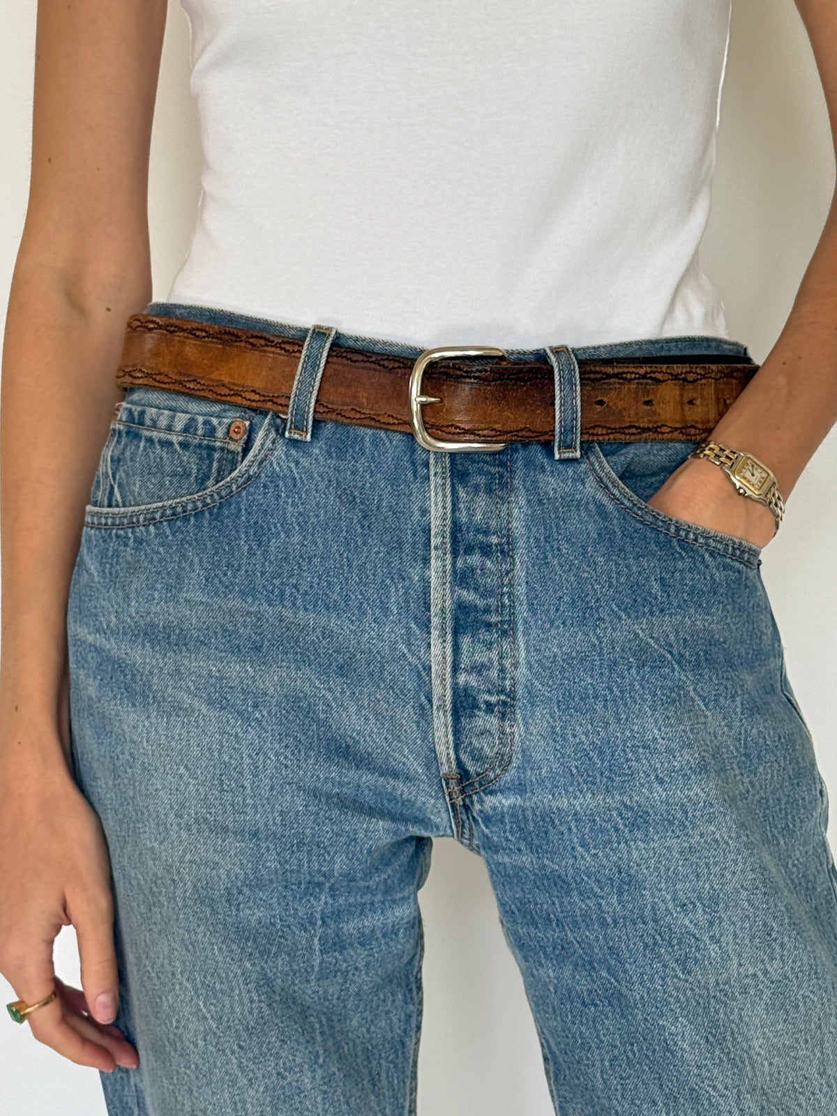 Vintage Western-Inspired Leather Belt Brown With Silver Buckle 8485