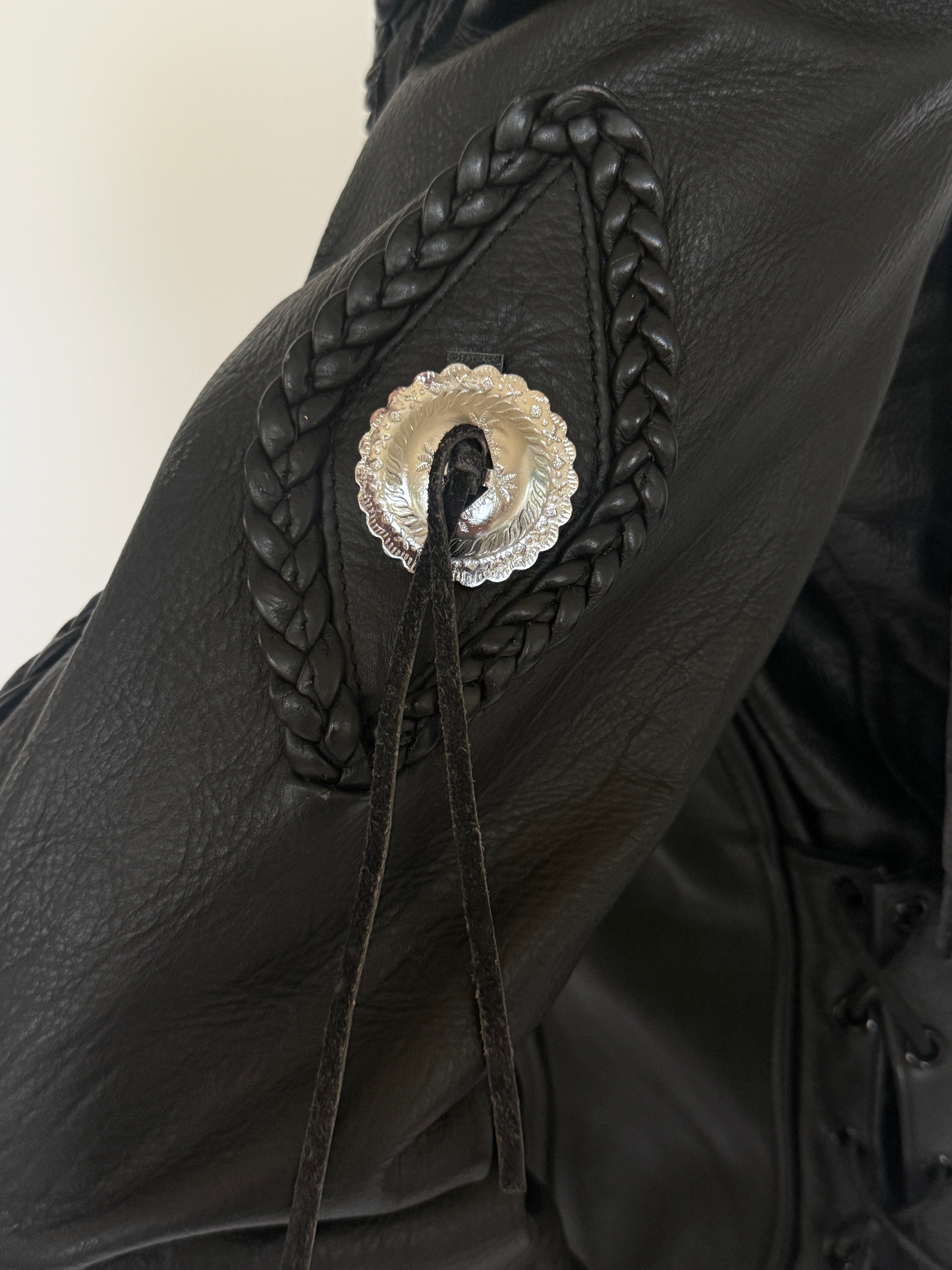 Vintage black motorcycle leather jacket silver-tone concho detail