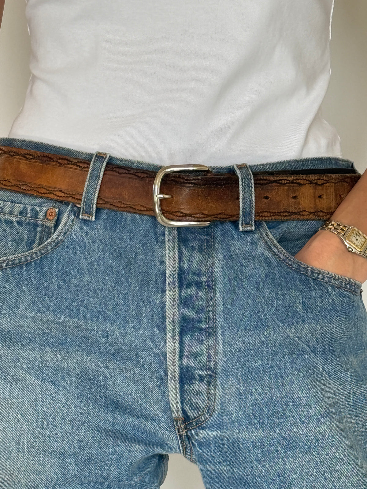 Vintage Western-Inspired Leather Belt Brown With Silver Buckle 8485