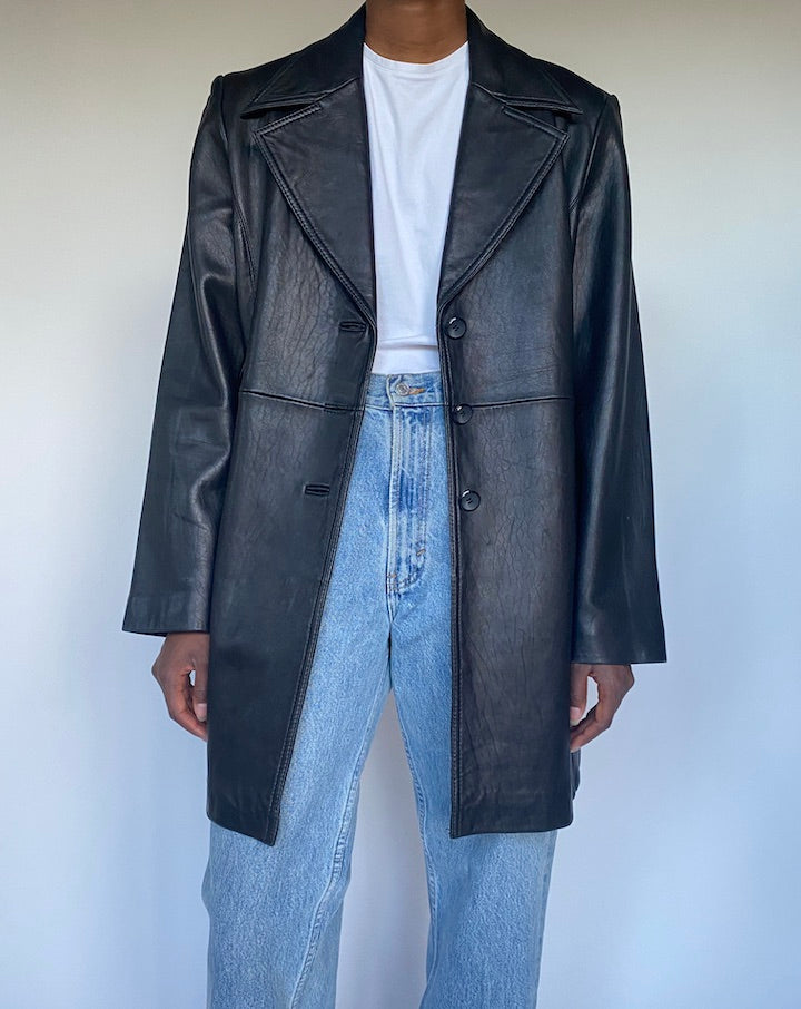 VINTAGE BLACK LEATHER COAT 3491