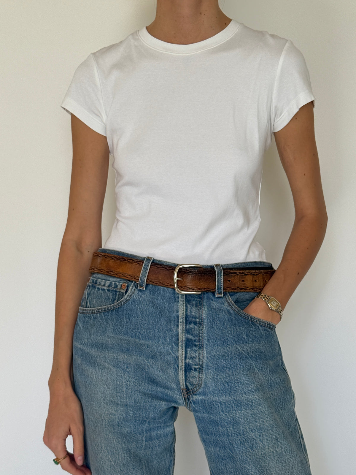 Vintage Western-Inspired Leather Belt Brown With Silver Buckle 8485