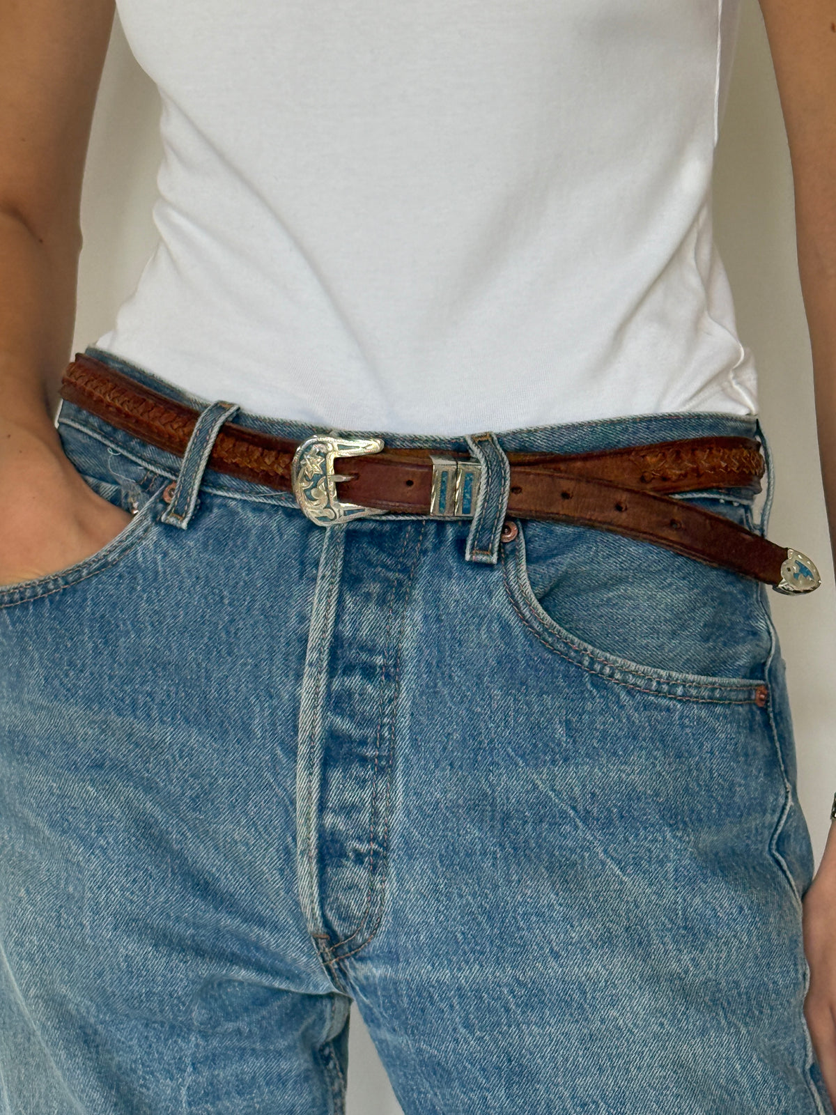 Vintage Braided Western Leather Belt Brown 8486