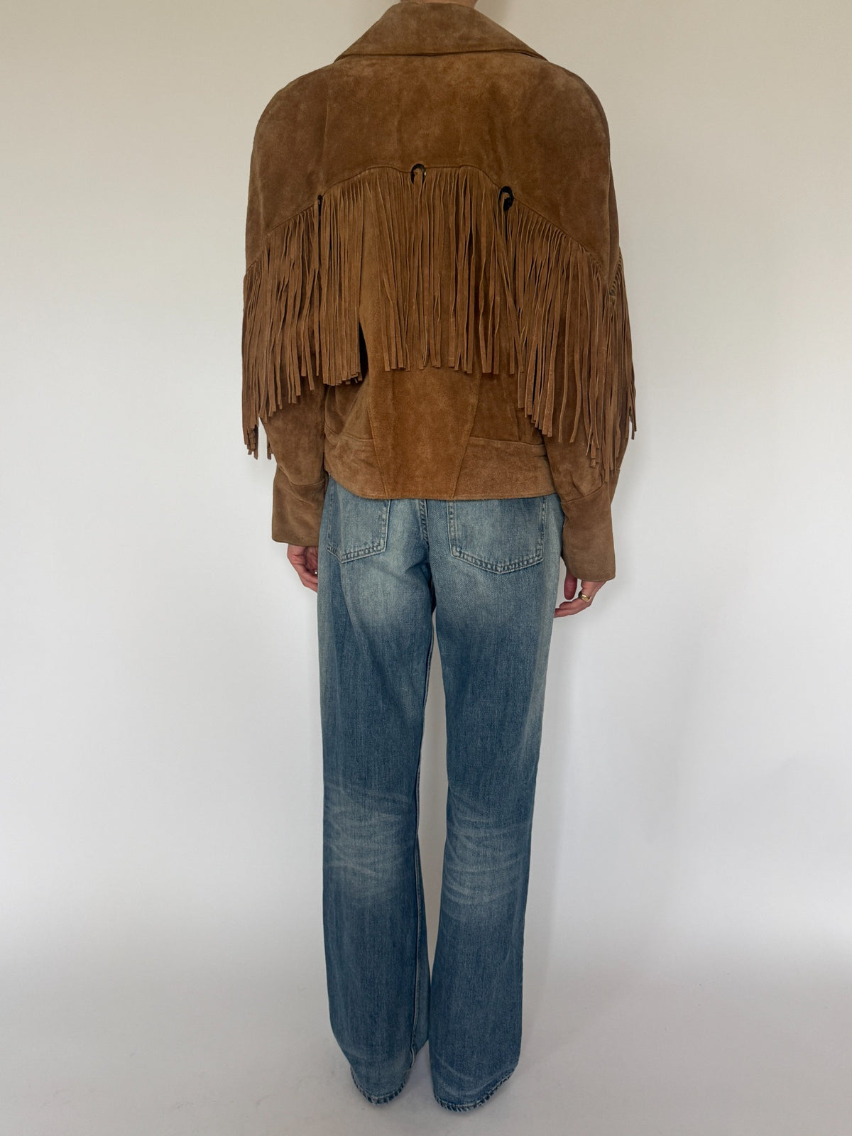 Vintage western fringe suede jacket brown back view