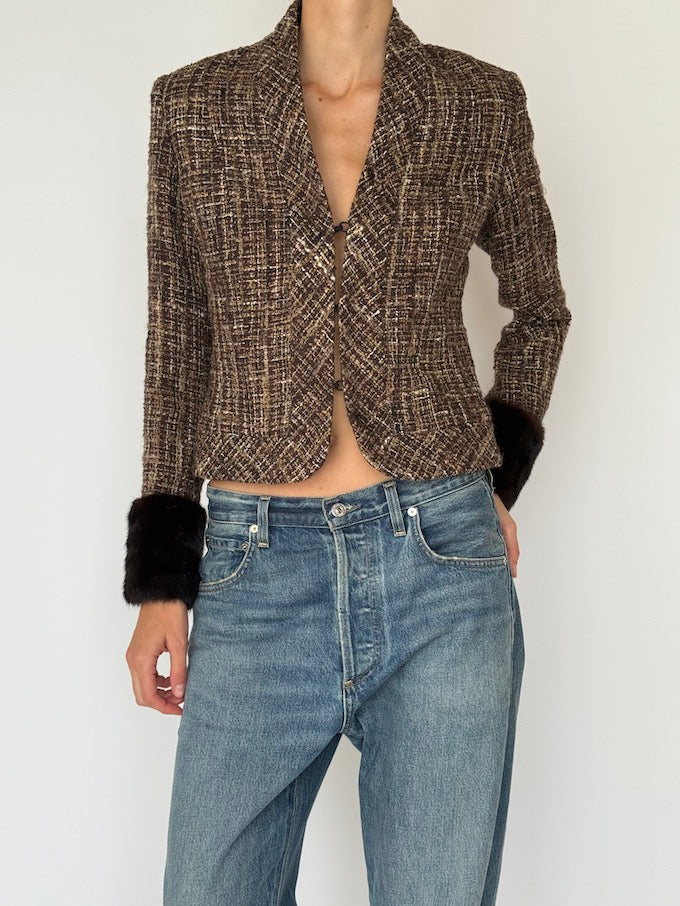 Vintage Tweed Cropped Jacket with Faux Fur Cuffs 6542