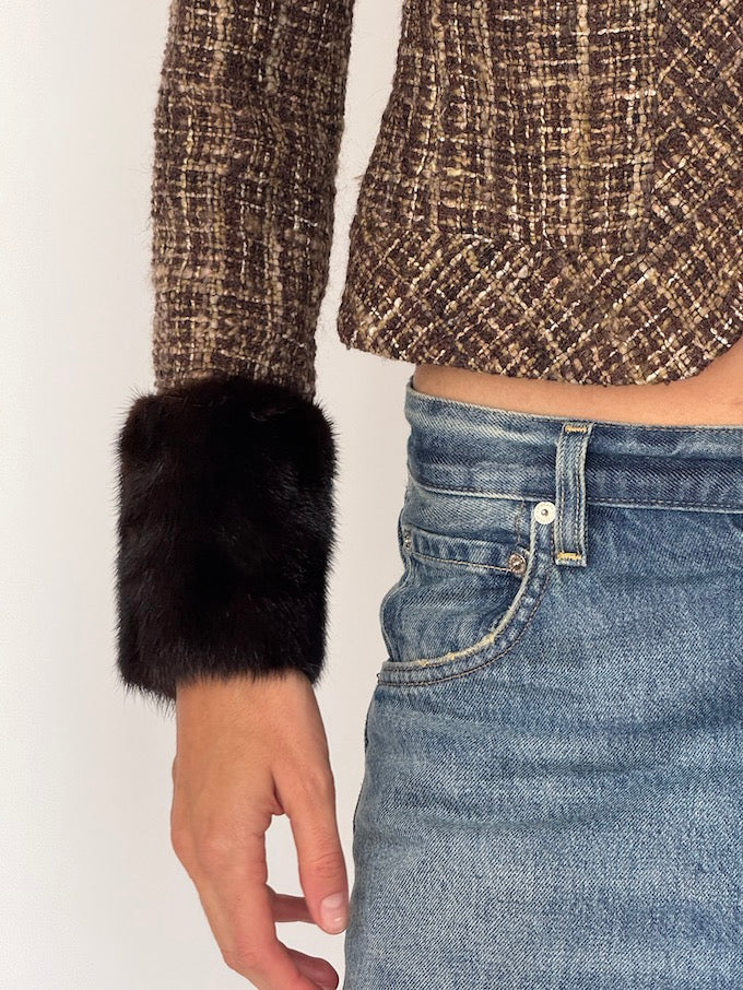 Vintage Tweed Cropped Jacket with Faux Fur Cuffs 6542