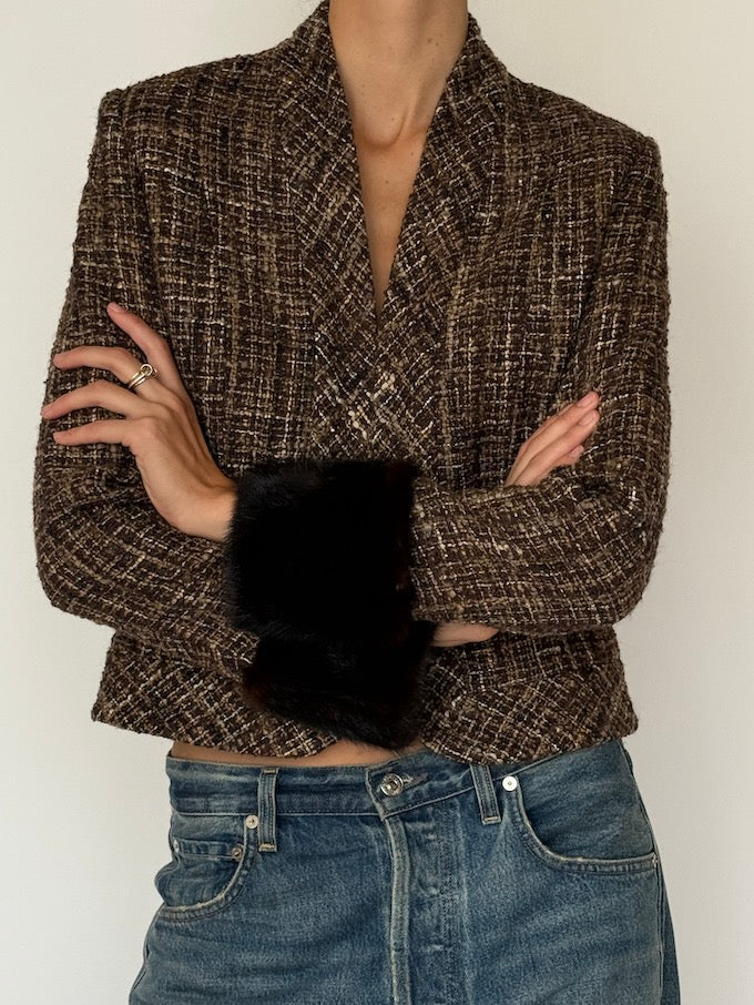 Vintage Tweed Cropped Jacket with Faux Fur Cuffs 6542