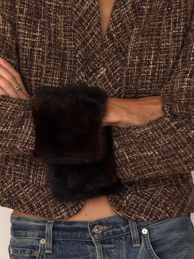 Vintage Tweed Cropped Jacket with Faux Fur Cuffs 6542