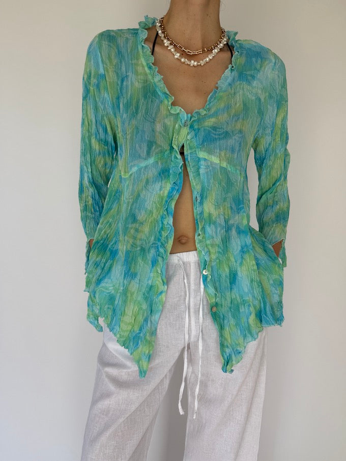 Vintage Sheer Crinkle Blouse in turquoise 6088