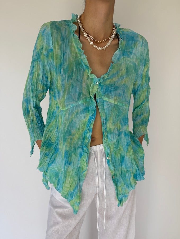 Vintage Sheer Crinkle Blouse in turquoise 6088