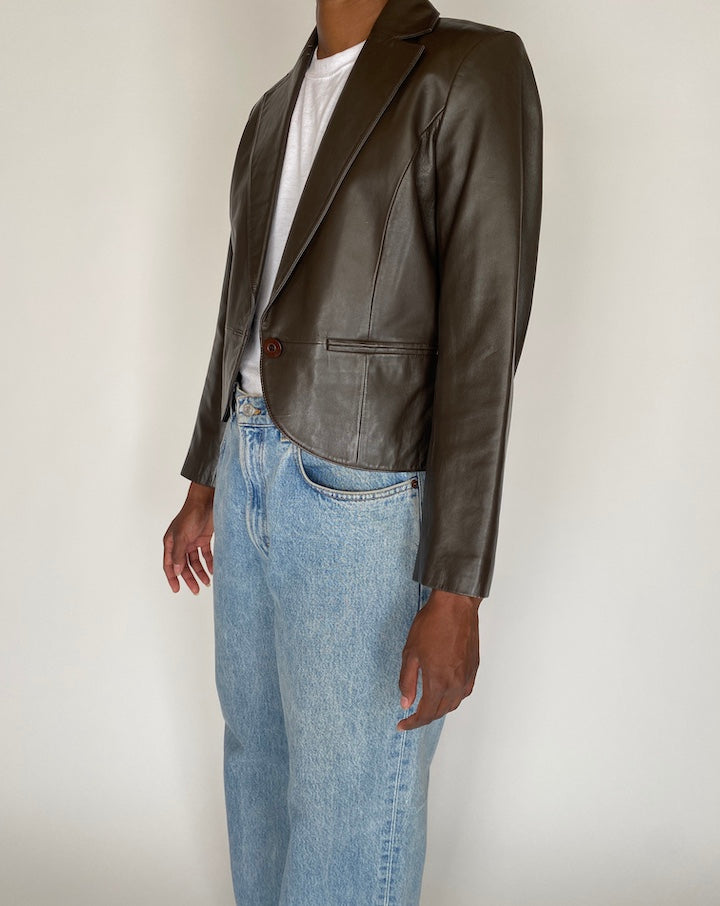 VINTAGE DARK BROWN FITTED LEATHER JACKET 3415