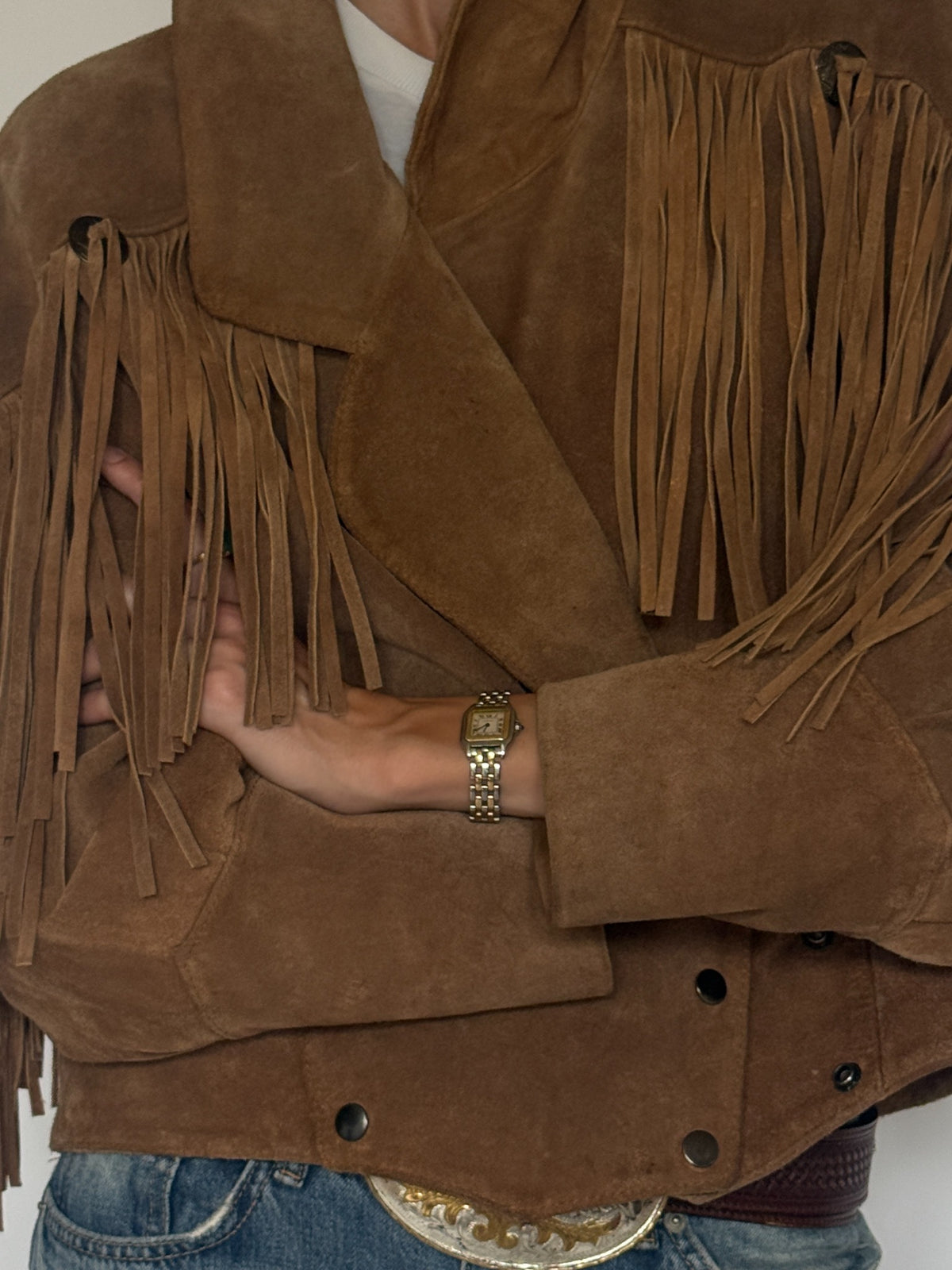 Vintage western fringe suede jacket brown full styled view