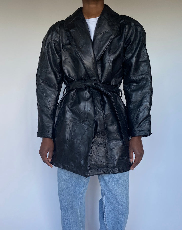 VINTAGE TEXTURED BLACK LEATHER TRENCH COAT JACKET 3498