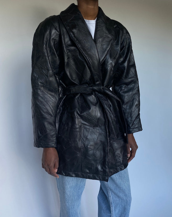 VINTAGE TEXTURED BLACK LEATHER TRENCH COAT JACKET 3498